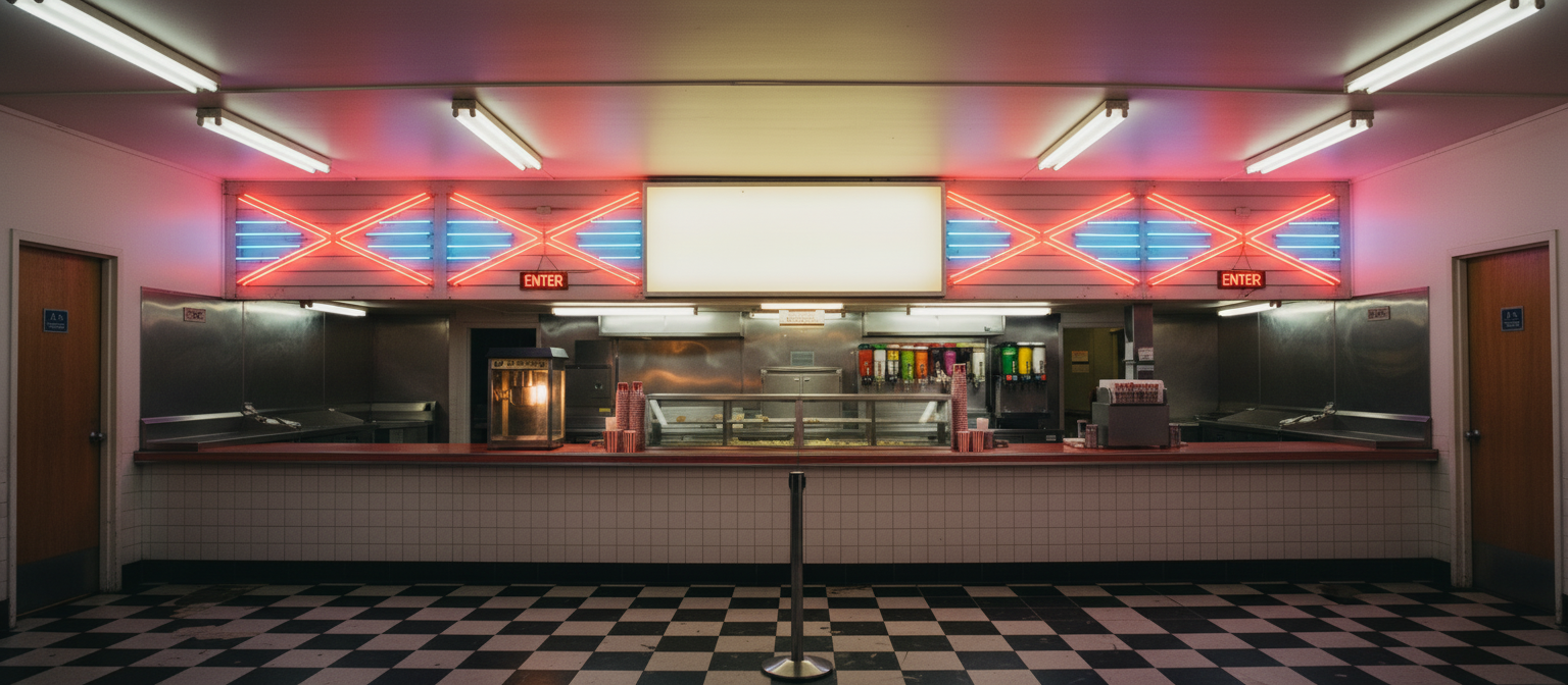 Inside the drive-in snack bar at night
